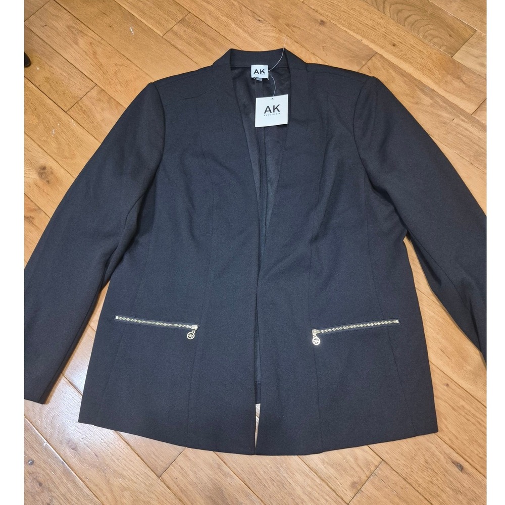 Anne Klein Womens Black Open Front Blazer Jacket Gold Zip Pockets C43M2TC086B L